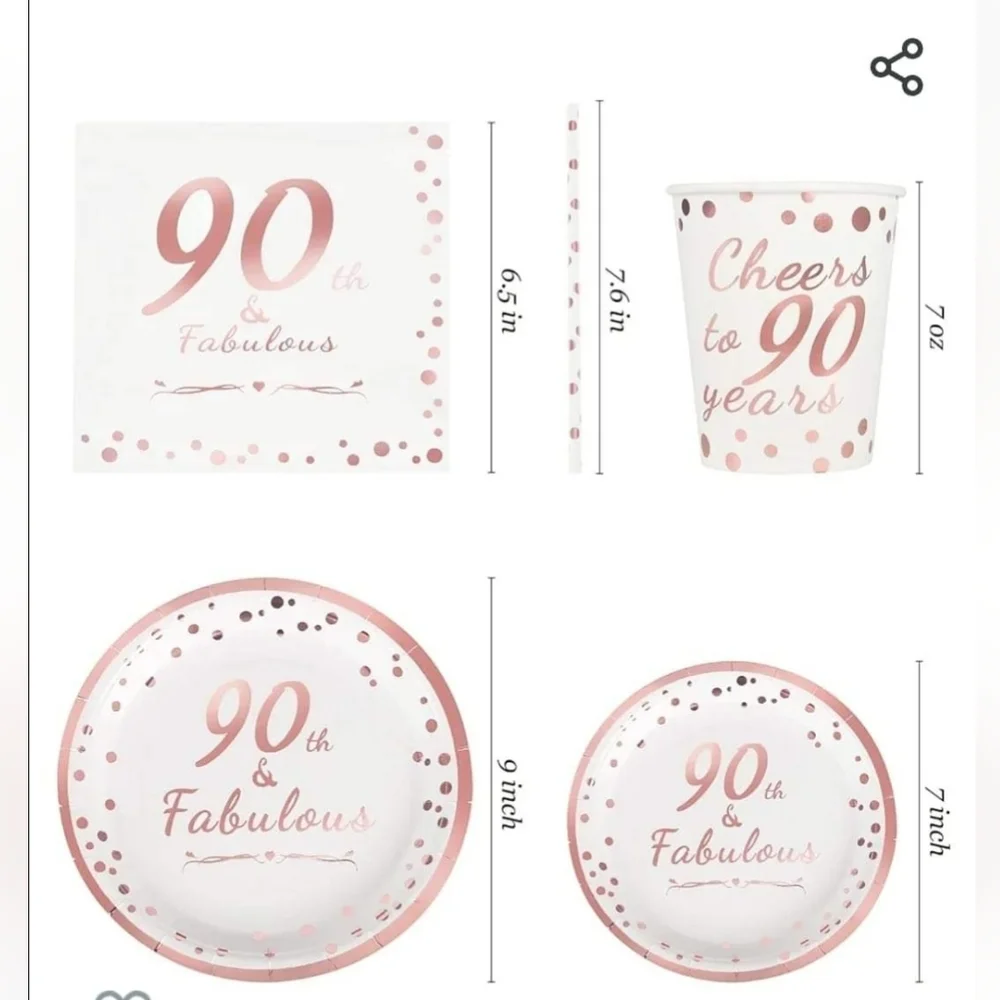 New! Set of 90th Birthday celebration party disposable tableware for 24